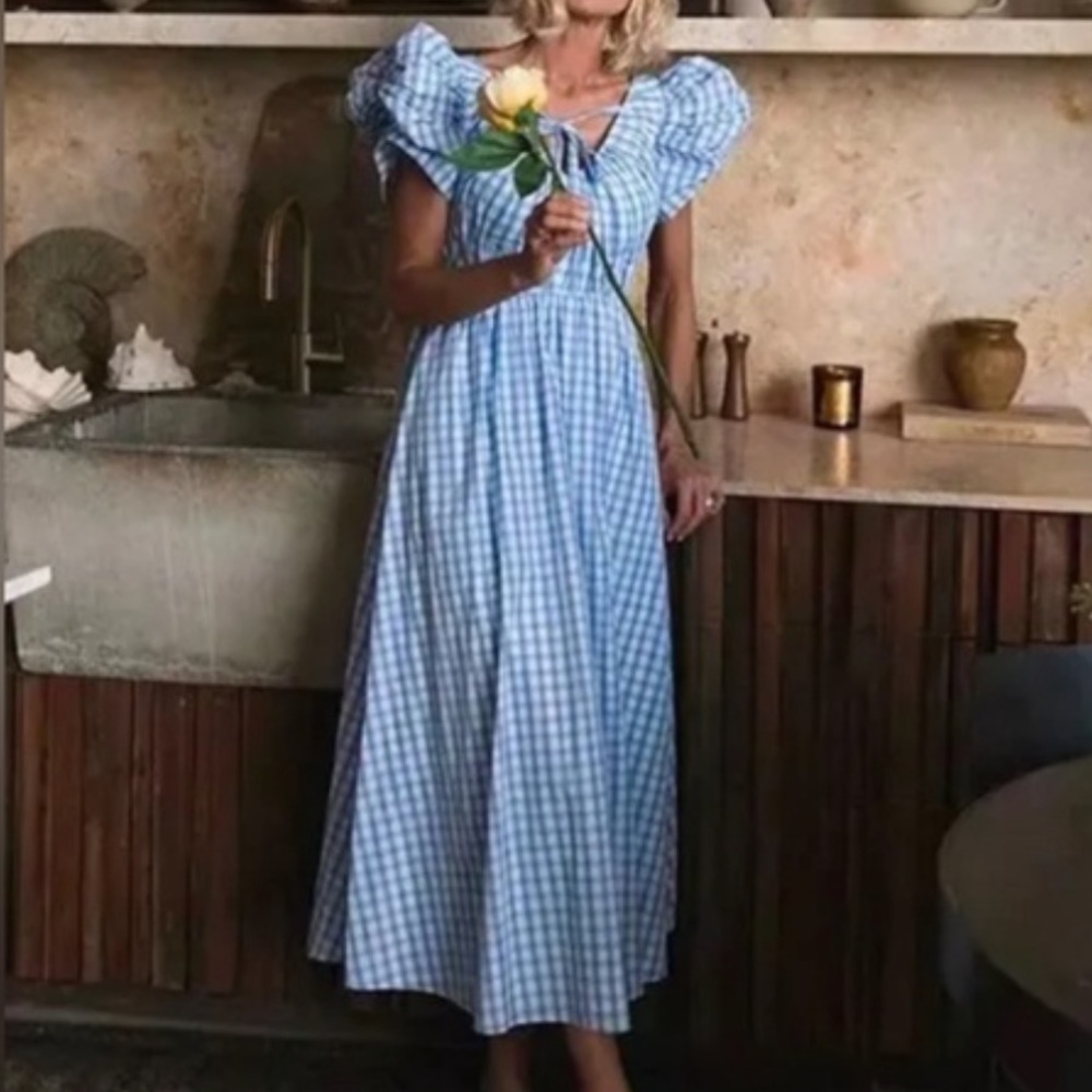 ANTONIO MELANI Light Blue and White Gingham Midi Dress Jennifer Sumko